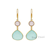 Silver Earring, Gemstone Earring, Pink Chalcedony 10mm and Aqua Chalcedony 15mm Gold Plated Sterling Silver Earring